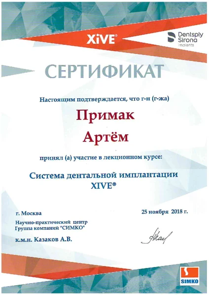 Артём Евгеньевич Примак сертификат 2
